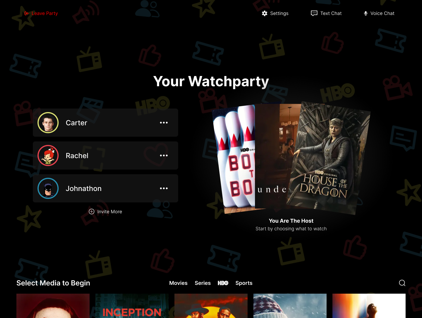 Hosting a watchparty screen